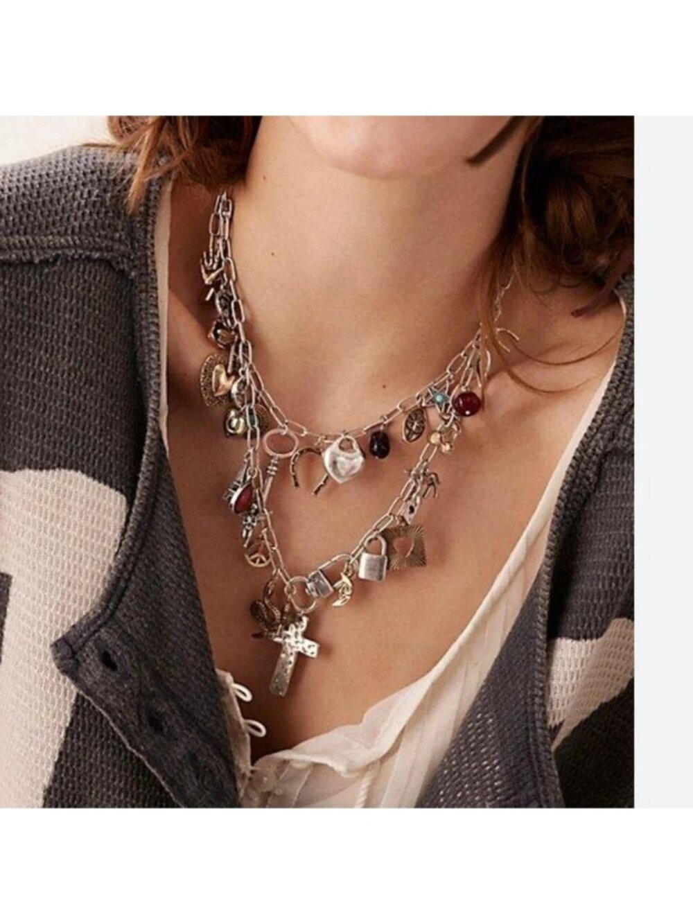 FREE PEOPLE Maxamillion Charm Necklace Cross Snake Contemporary Boho Silver Gold